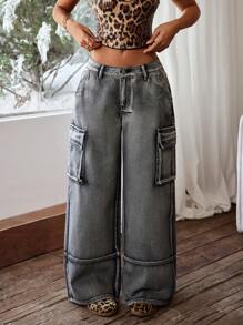SHEIN ICON Women's Washed Vintage Wide-Leg Cargo Jeans
