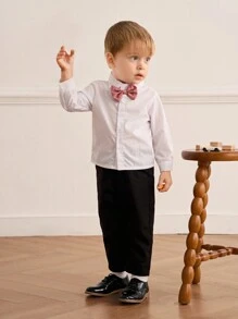 SHEIN 3 pièces/Set Gilet à carreaux pour bébé garçon, chemise à manches longues blanche, ensemble de pantalon noir avec nœud papillon, tenue de gentleman pour les occasions de printemps/automne comme les fêtes, les mariages, le port quotidien et les séances photo - Multicolore - Voir 3