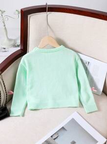 Young Girl' Knitted Sweater, Green And Pink With Bow Design, Round Neck, Soft And Warm Fabric, Suitable For Casual Wear, Outings, School And Gifting In Autumn/Winter
