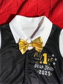 SHEIN Baby Boy's New Year Slogan Print 2 In 1 Vest & Pants Gentleman Outfit, Suitable For Babies To Wear To New Year Party Or Daily Outing - Multicolor - View 7