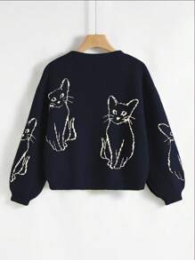 SHEIN Unity Cat Print Crewneck Casual Versatile Long Sleeve Sweater - Royal Blue - View 2