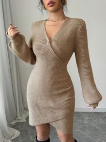 SHEIN Unity Women's V-Neck Lantern Sleeve Pleated Waist Casual Dress, Elegant Style For Autumn/Winter - Khaki - View 4