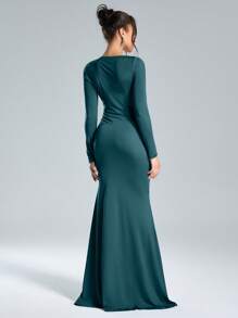 SHEIN Belle Autumn And Winter Women's Banquet Party Fashion Elegant Luxury Stretch Knit Asymmetric Collar Design Tight Waist Pleated Green Dress Formal Dress, Women's Autumn And Winter Formal Evening Dress, Party Banquet Christmas Can Be Worn, Prom Gown, For Wedding Guest, Graduation, Dinner