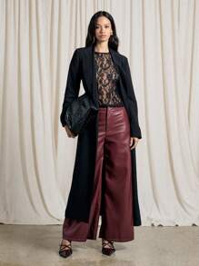 AiiRZ Pantaloni largi din piele ecologică Palazzo, eleganți și luxoși, cu talie înaltă, pentru petrecere, seară, iarnă, toamnă, la modă, pantaloni lungi, pentru birou, cadou de sărbători - roșu - Vizualizare 3