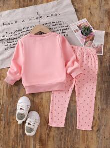 女婴粉色套头衫套装，大蝴蝶结圆领长袖上衣搭配圆点破洞裤，秋季甜美可爱时尚装扮 - 粉色 - 查看 2