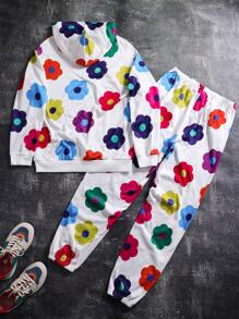 2 件套青少年男孩卡通花卉印花连帽衫和裤子套装，秋季 - 白色 - 查看 2