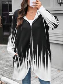 SHEIN LUNE Plus Size Women Christmas Contrast Color Zip Up Hoodie Coat With Drawstring Holiday Thermal - Black - View 1