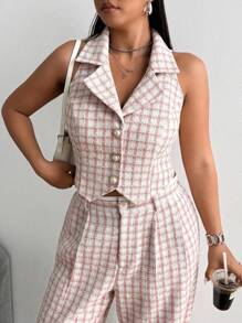 Flirla Plus Size Autumn/Winter Sleeveless Open Front Button Chunky Knit Pinkish White Contrast Color Vest And Pants Casual Work Party Date Elegant Suit Set - Pink - View 7