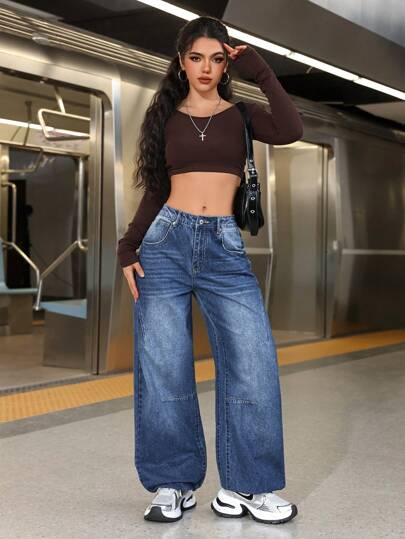 SHEIN EZwear Pantalones de mezclilla informales de pierna ancha lavados y sueltos, aptos para primavera y otoño