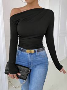 Selianne 女士纯色不对称褶皱长袖 T 恤，休闲日常穿着 - 黑色 - 查看 5