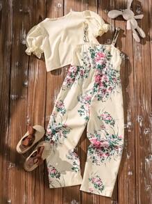 SHEIN 年輕女孩泡泡袖上衣和花卉印花背心連身褲