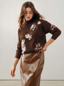 Anewsta 时尚都市通勤风精致亮片刺绣装饰宽松毛衣 - 棕色 - 查看 5
