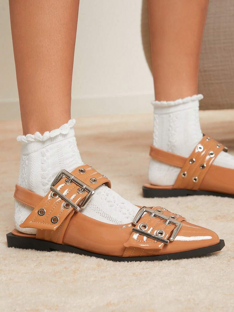 SHUZIA Women's Bestseller Wide Fit Tan Pat Slingback Snip Toe FlatsAll