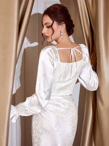 Vintamour 优雅复古女式提花缎面灯笼袖修身衬衫，秋冬 - 白色 - 查看 2