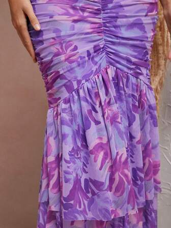 L'Amorae Blommig ruchad sjöjungfrufåll med utskärningsdetaljer Klänning