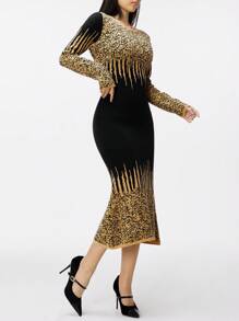 Modelyn Women Elegant Gold Trim Pattern Waisted Mermaid Hem Sweater Dress - Black - View 3