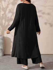 EMERY ROSE Plus Size Women's Fall Solid Color Round Neck Long Sleeve Asymmetric Hem Top And Wide Leg Pants Loose 2 Pieces Set - Black - View 2