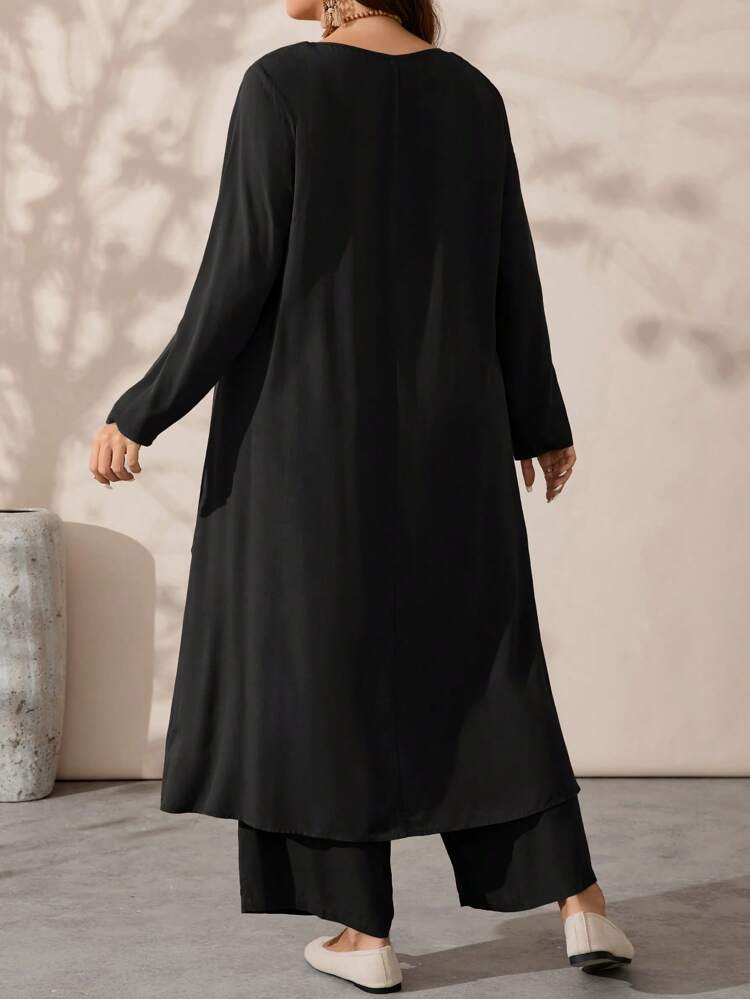 Plus Size Women's Fall Solid Color Round Neck Long Sleeve Asymmetric Hem Top And Wide Leg Pants Loose 2 Pieces Set