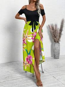 SHEIN Clasi Vrouwen Casual Bloemenprint Splice Off Shoulder Spaghetti Band Hoge Split Jurk