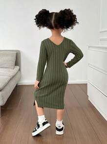 SHEIN SLAYR KIDS SLAYR KIDS Đầm midi cổ chữ V cho bé gái Mommy & Me, co giãn và thoải mái cho bé gái/bé gái, tuyệt vời để mặc thường ngày và hàng ngày cũng như đi học hàng ngày vào mùa xuân và mùa thu, phù hợp cho mẹ và con gái, phù hợp cho chị em và tôi - màu xanh lá - Xem 7