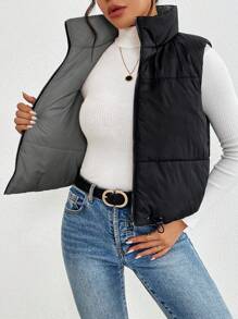 SHEIN Frenchy Women's Solid Color Zip Up Front Sleeveless Casual Padded Coat In Fall/Winter - Grey - View 3