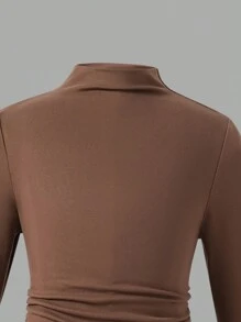 Tween Girls Stand Collar Solid Color Ruched Asymmetric Hem Long Sleeve T-Shirt - Multicolor - View 7