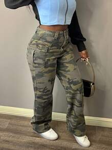 Quần Jeans Ống Đứng Cho Nữ Họa Tiết Camouflage Đường Phố Mỹ 2024 - xanh quân đội - Xem 5