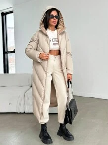 EURMUSE Women's Quilted Hooded Zip Up Stylish Padded Coat - Beige - View 7