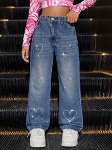 SHEIN Explorewe 女童珍珠串珠心形图案做旧洗水高档牛仔裤 - 深色水洗藍 - 查看 5