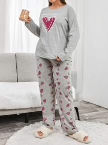 Loomlin 2Pcs Plus Size Cotton Heart Printed PJ Set - Grey - View 4