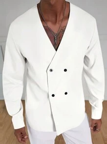 Manfinity Homme 男士休闲纯色 V 领双排扣衬衫，春/秋 - 白色 - 查看 1