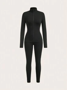 SHEIN EZwear Bộ trang phục thể thao 4 món cho nữ áo khoác khóa kéo tối giản màu trơn và quần legging bó - Nhiều màu - Xem 8