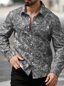 Manfinity LEGND Plus Size Men Casual Everyday Paisley Print Button Front Long Sleeve Shirt, Autumn, Street Wear, Going Out, Fancy Shirts For Men