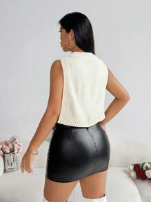 Zolique Women V-Neck Zipper Front Sleeveless Apricot Knit Crop Top - Apricot - View 2