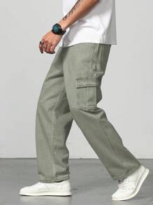 Manfinity Homme Men Flap Pocket Side Cargo Jeans - Army Green - View 4