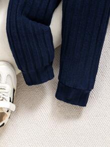 2pcs Baby Boy Casual Ribbed Patchwork Letter Print T-Shirt And Jogger Pants Set, Spring/Autumn - Multicolor - View 7