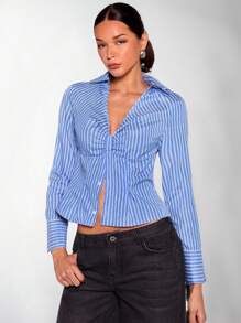 Glamine Striped Blouse With Pleated Detail, Office Siren Urban Style Long Sleeve Casual Shirt For Women Fall Cloth For Women - Multicolor - View 1