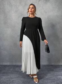 Flirla 大码双色喇叭袖褶边连衣裙，春/秋