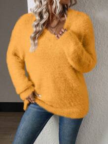 SHEIN LUNE Women Casual Solid V-Neck Fluffy Knit Sweater For Autumn/Winter Knit Pullover Fall Outfit