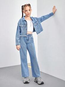 2 件女童休闲破洞牛仔夹克和牛仔裤套装，适合所有季节 - 淺色水洗藍 - 查看 7