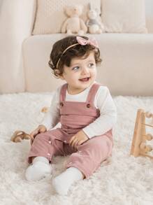 SHEIN Infant Girl 2pcs Set: Suspender Pants And Matching Top - Pink - View 5