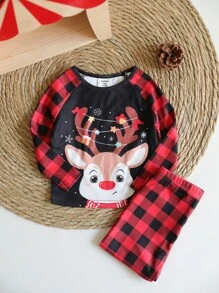 SHEIN 2 Stücke/Set Baby Jungen Eng anliegendes Weihnachten niedlicher Rentier-Karomuster Raglan T-Shirt und Karomuster Hose Lässiger bequemer Schlafanzug-Set