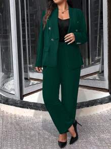 SHEIN Clasi Bộ vest công sở màu trơn đơn giản cỡ lớn mùa thu và quần 2 món - Màu xanh lá cây đậm - Xem 1