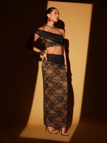 Lumalex Fall Winter Thanksgiving Outfit New Years Thanksgiving Rave Festival Outfits Formal Prom New Years Eve Outfit Concert Pparty BanquetHallWomen 2pcs/Set Lace Off Shoulder Crop Top And Low Waist Mini Skirt - Black - View 7