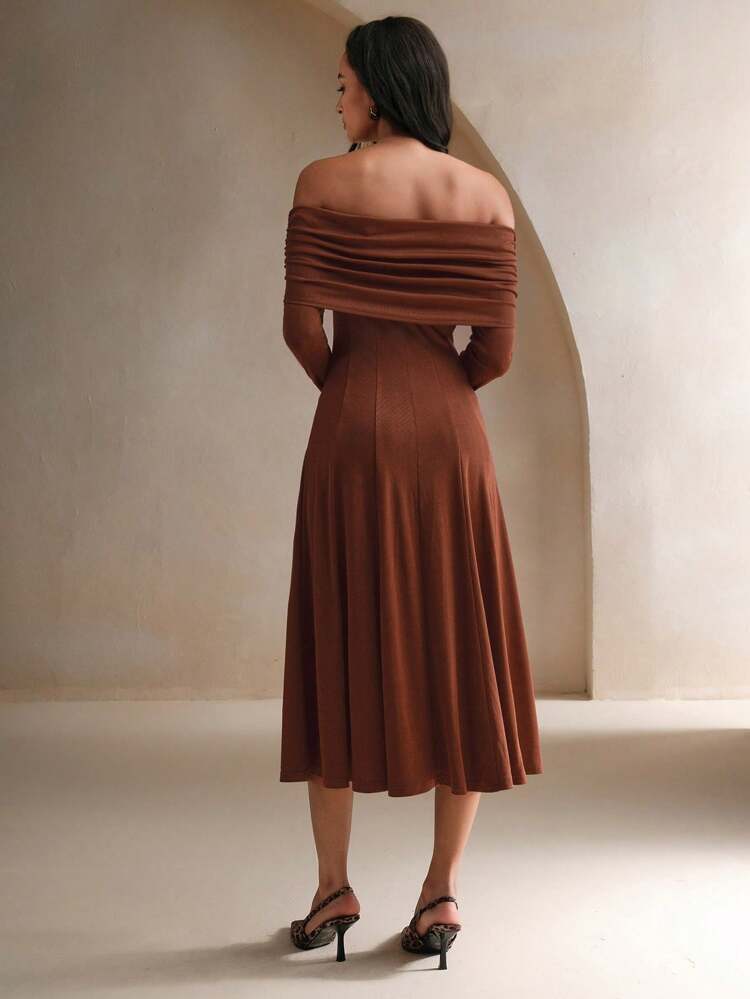 Off-Shoulder Long Sleeve Cinched Waist A-Line Long Dress, Formal Occasion Maxi Women Outfit
