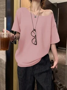 INAWLY Áo thun nữ tay lỡ màu trơn dáng rộng thường ngày - Màu Hồng baby - Xem 1