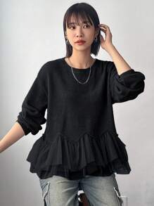 FRIFUL Women Solid Color Round Neck Dolman Sleeve Ruffle Hem T-Shirt, Autumn