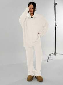 SHEIN Unity 2 件套女士休闲纯色蝙蝠袖毛衣和裤子套装，适合秋冬季 - 白色 - 查看 5
