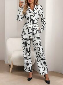 Chiquease 2pcs Women Line Print Lapel Long Sleeve Jacket And Pants Casual Suit Set, Autumn - Baby Pink - View 3