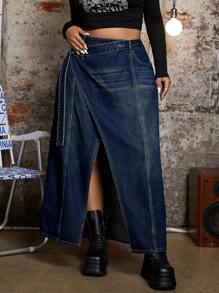 SHEIN ICON Váy chữ A denim cạp chéo màu trơn cỡ lớn - Rửa tối - Xem 1